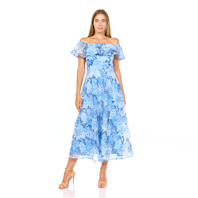 Azure Elegance Off-Shoulder Midi Dress with Floral Print
