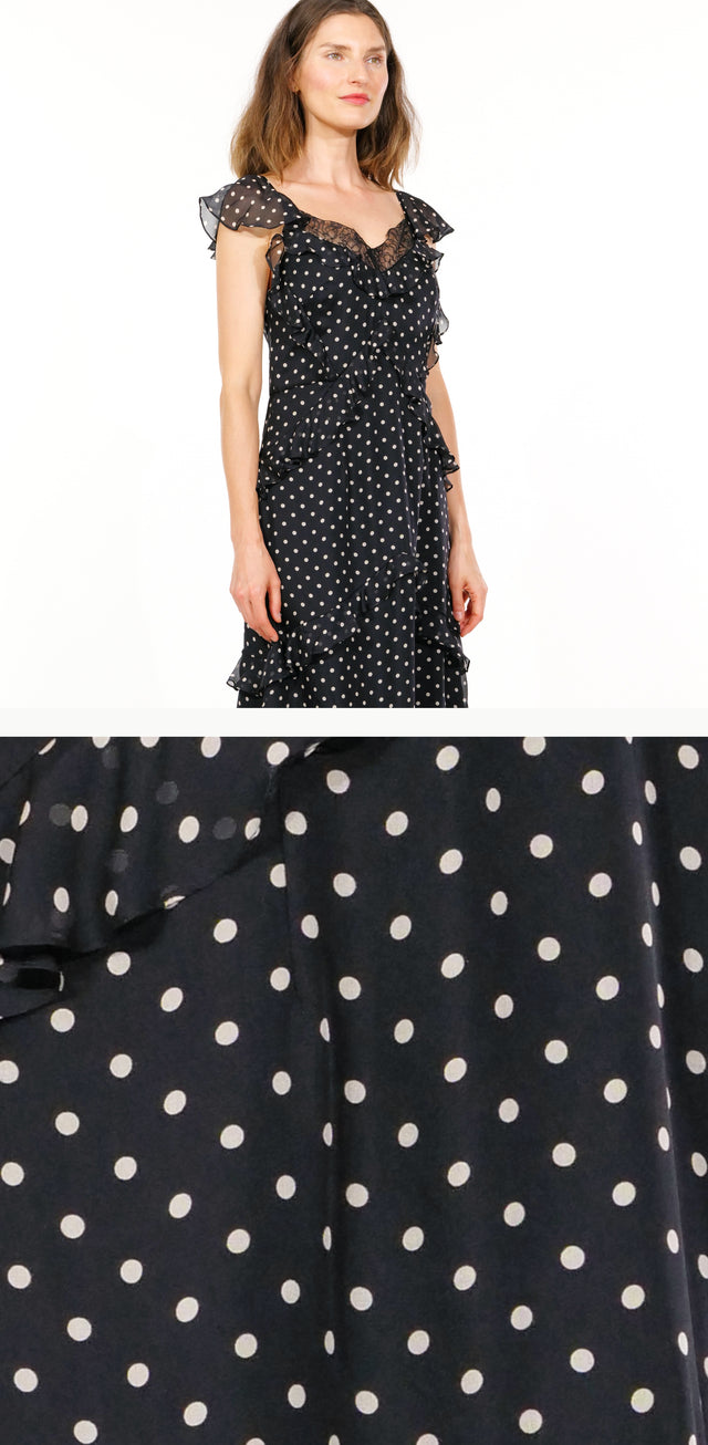 Classic Polka-Dot Ruffle Midi Dress with Lace Trim