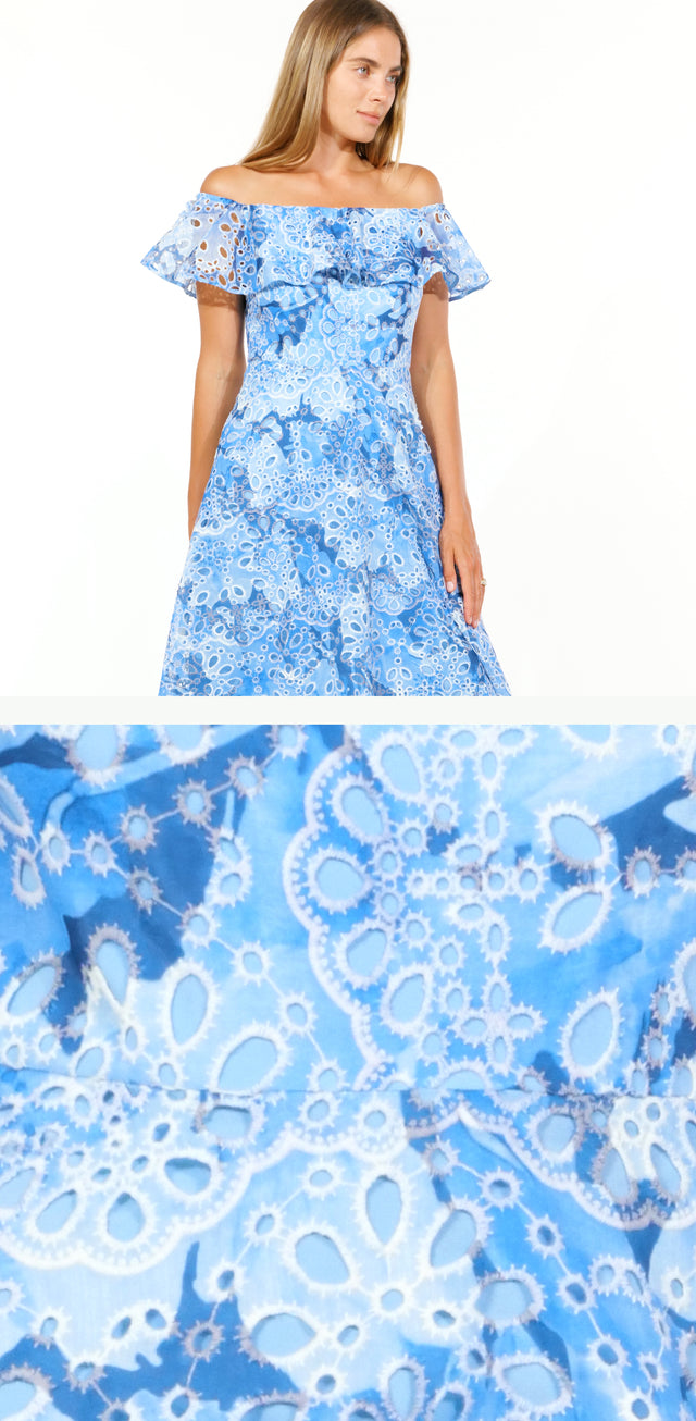 Azure Elegance Off-Shoulder Midi Dress with Floral Print