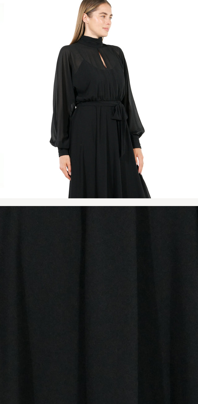 Mikael Aghal High-Neck Keyhole Belted Midi Dress