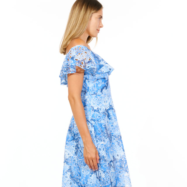 Azure Elegance Off-Shoulder Midi Dress with Floral Print