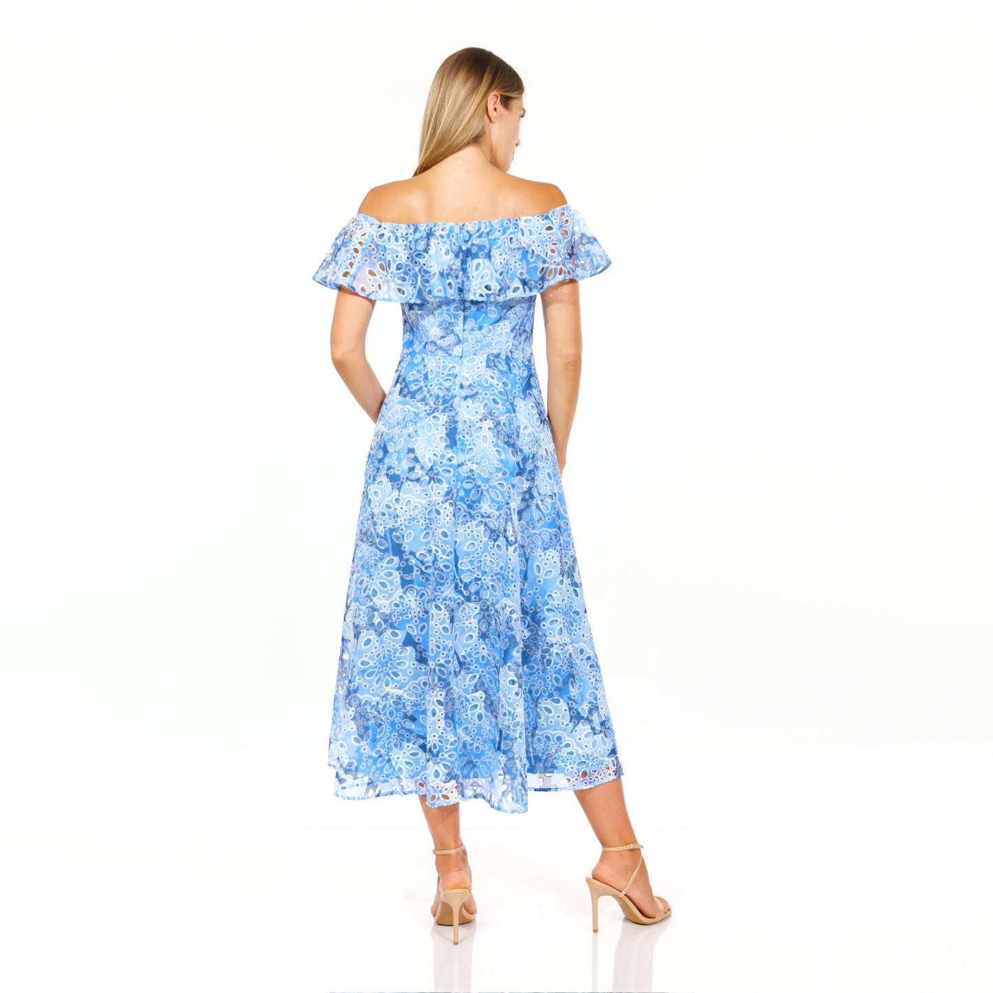 Azure Elegance Off-Shoulder Midi Dress with Floral Print