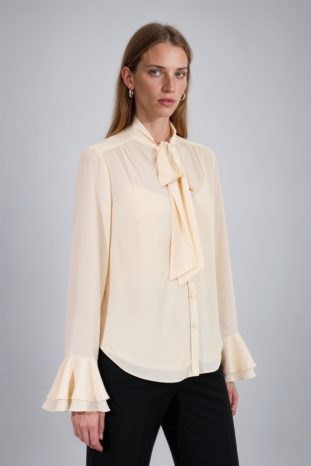 Mikael Aghal Champagne Tie-Neck Ruffle-Cuff Chiffon Blouse