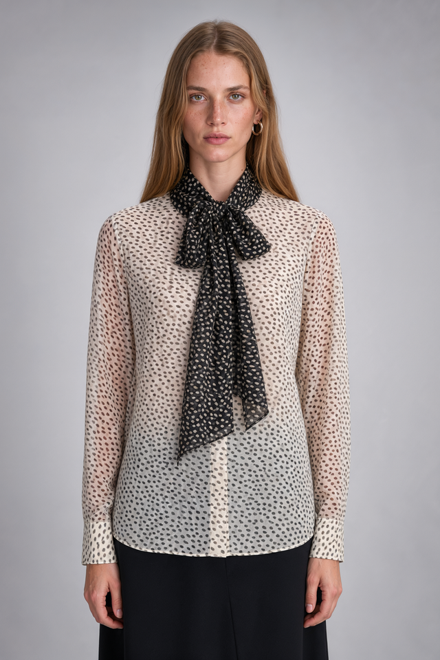 Mikael Aghal Polka Dot Tie-Neck Silk Chiffon Blouse