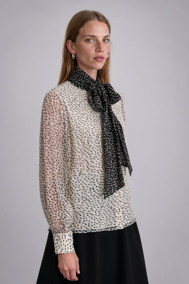 Mikael Aghal Polka Dot Tie-Neck Silk Chiffon Blouse