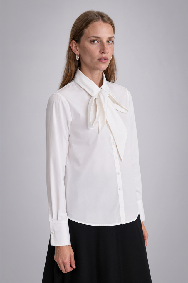 Mikael Aghal Tie-Neck Button-Front Blouse in White
