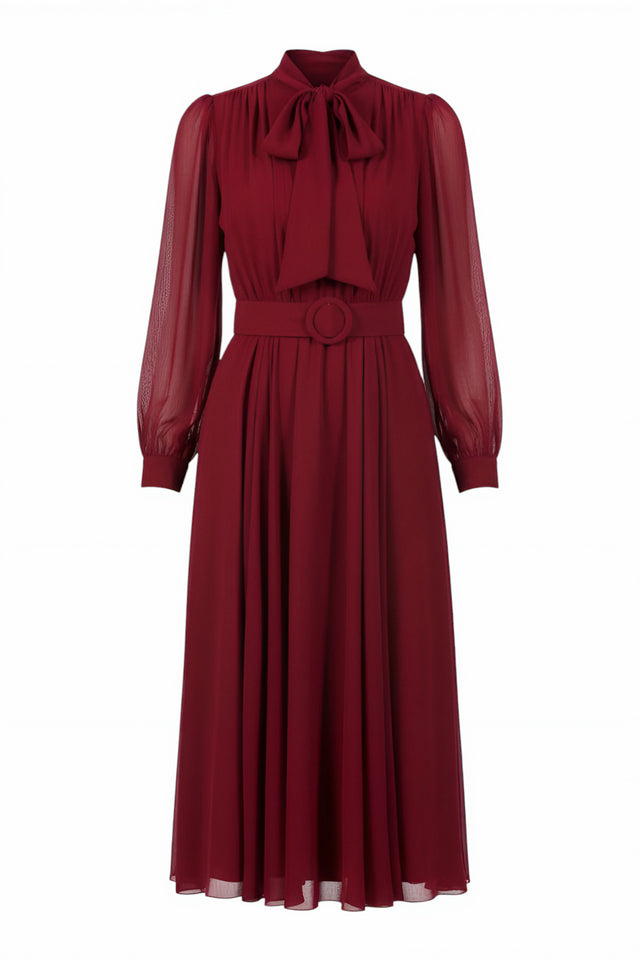 Mikael Aghal Belted Midi Dress – Long Sleeve Tie Neck
