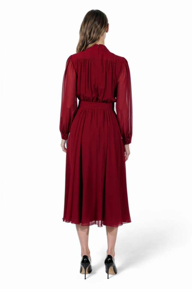 Mikael Aghal Red Belted Midi Dress – Long Sleeve Tie Neck