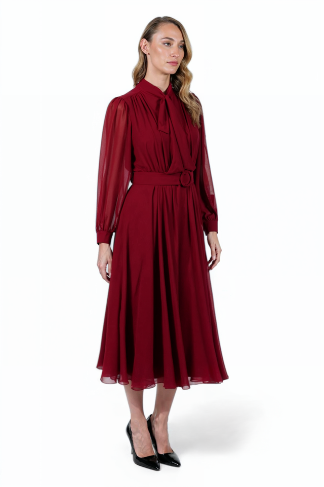 Mikael Aghal Red Belted Midi Dress – Long Sleeve Tie Neck
