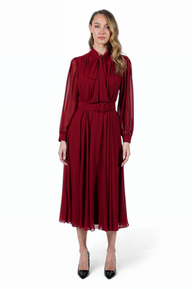 Mikael Aghal Red Belted Midi Dress – Long Sleeve Tie Neck