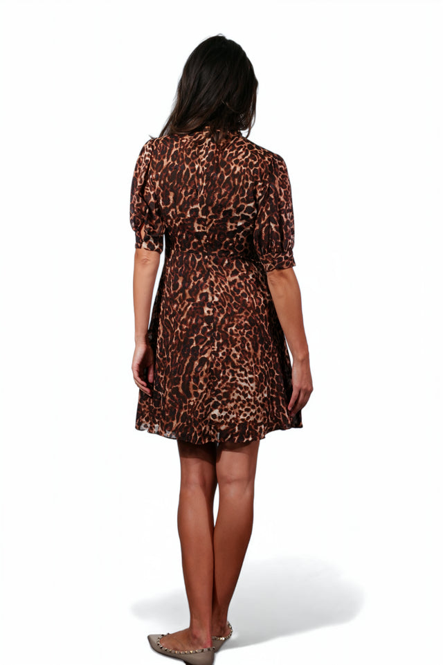 Mikael Aghal Leopard-Print Chiffon Tie-Neck Dress