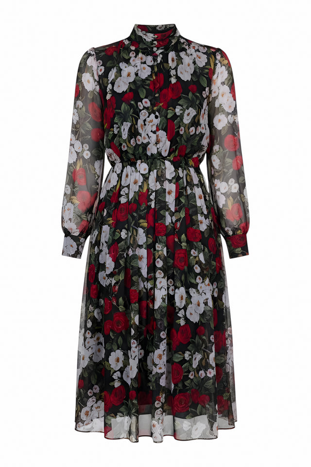 Mikael Aghal Floral Print Sheer Chiffon Midi Dress – Long Sleeve High Neck