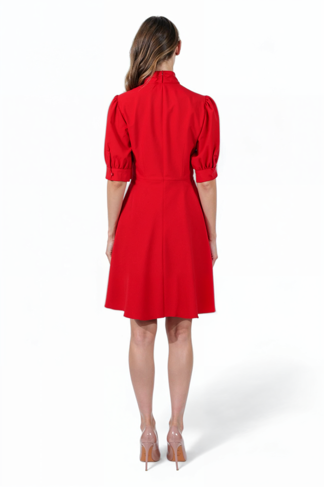 Mikael Aghal Red Bow Tie Mini Dress – Short Sleeve A-Line