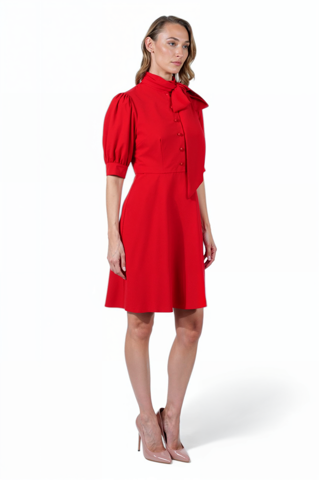Mikael Aghal Red Bow Tie Mini Dress – Short Sleeve A-Line