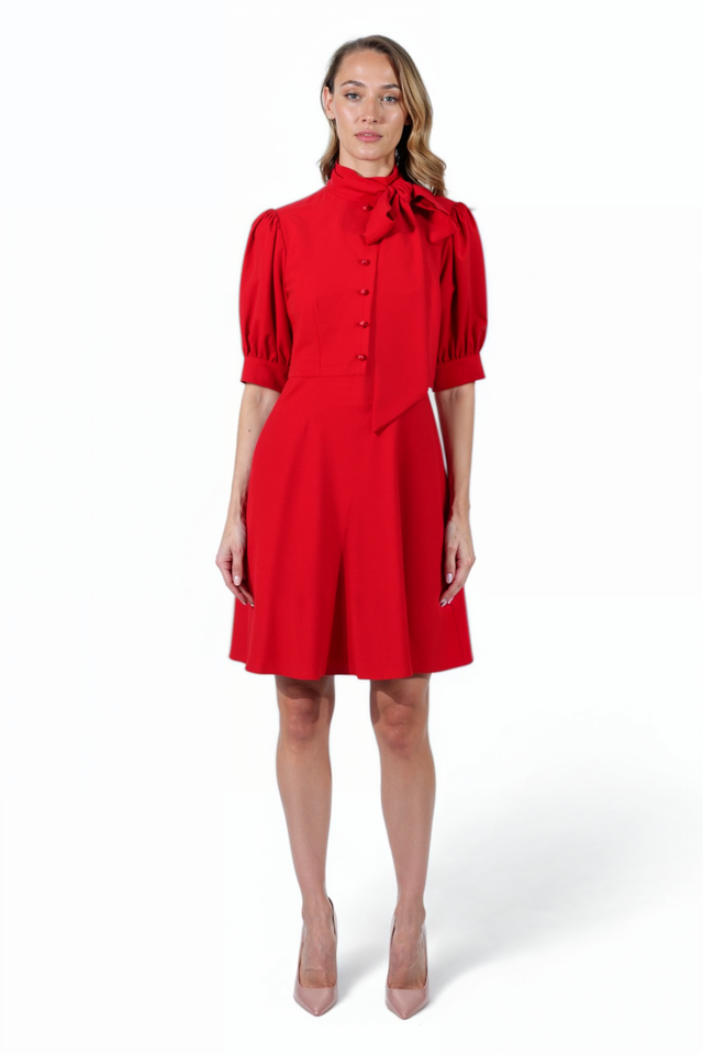 Mikael Aghal Red Bow Tie Mini Dress – Short Sleeve A-Line