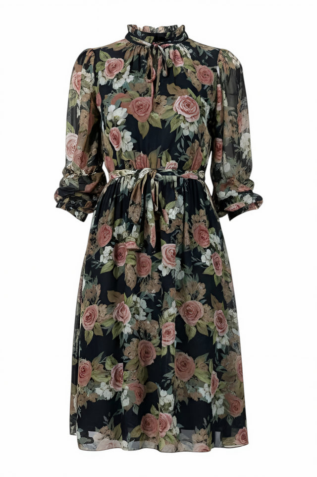 Mikael Aghal Black Rose Print Midi Dress – Long Sleeve Tie Neck