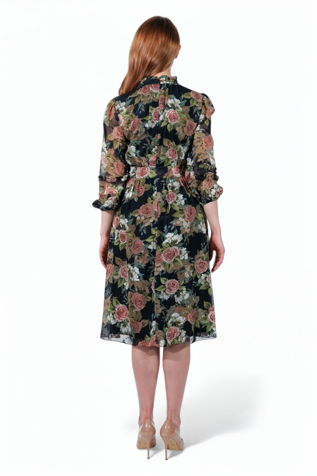 Mikael Aghal Black Rose Print Midi Dress – Long Sleeve Tie Neck