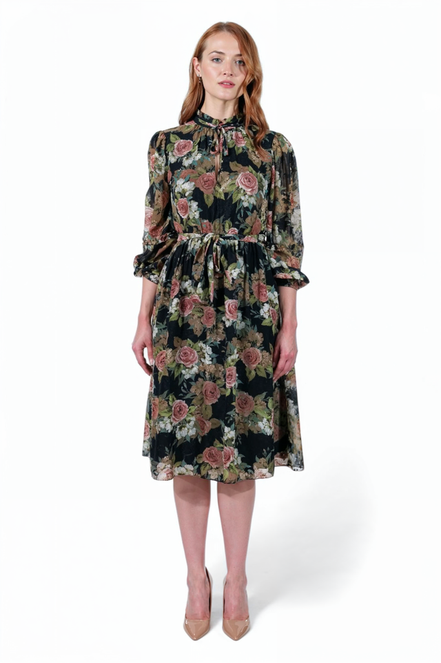 Mikael Aghal Black Rose Print Midi Dress – Long Sleeve Tie Neck