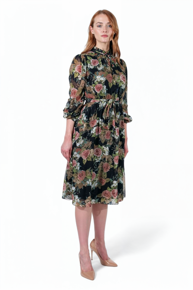 Mikael Aghal Black Rose Print Midi Dress – Long Sleeve Tie Neck