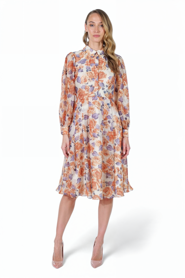 Mikael Aghal Peach & Lavender Floral Midi Dress – Long Sleeve Button Front