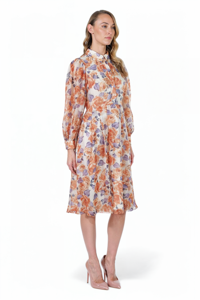 Mikael Aghal Peach & Lavender Floral Midi Dress – Long Sleeve Button Front