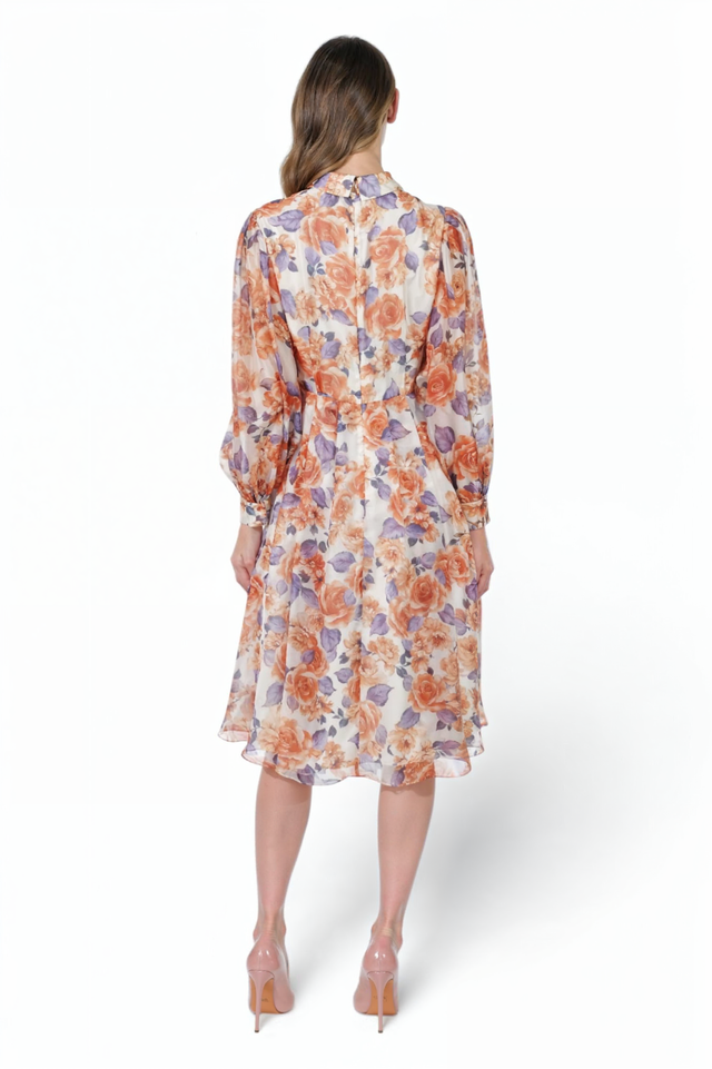 Mikael Aghal Peach & Lavender Floral Midi Dress – Long Sleeve Button Front