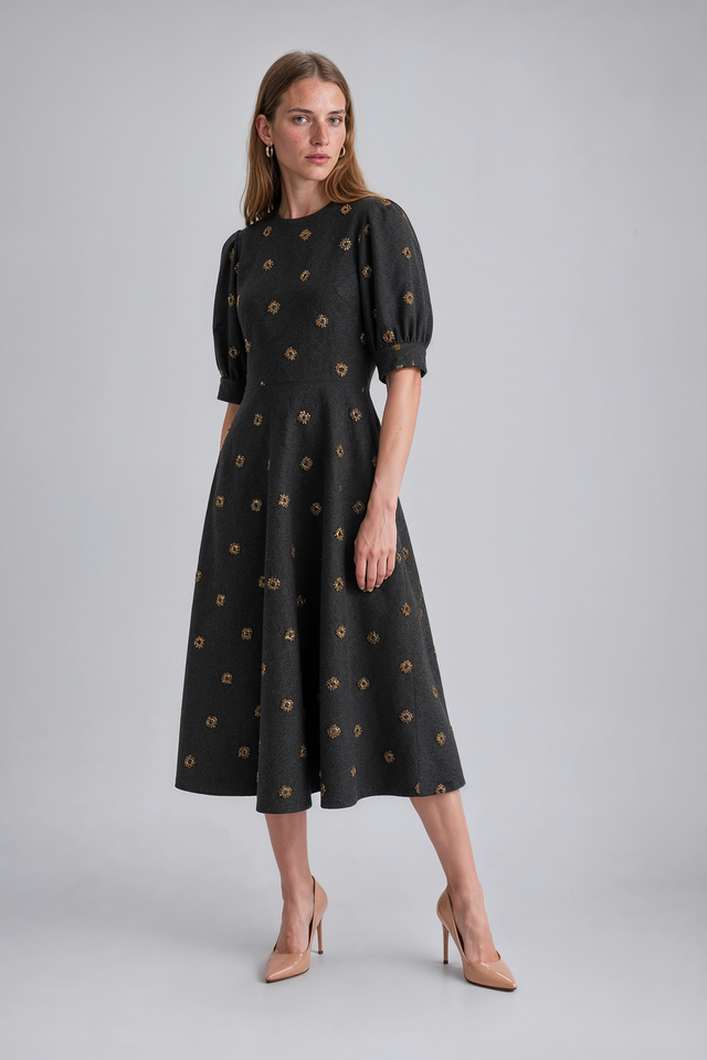 Mikael Aghal Charcoal Gold Embroidered Puff-Sleeve Midi Dress