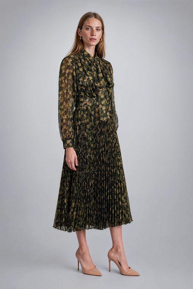 Mikael Aghal Olive Green Floral Pleated Tie-Neck Midi Dress