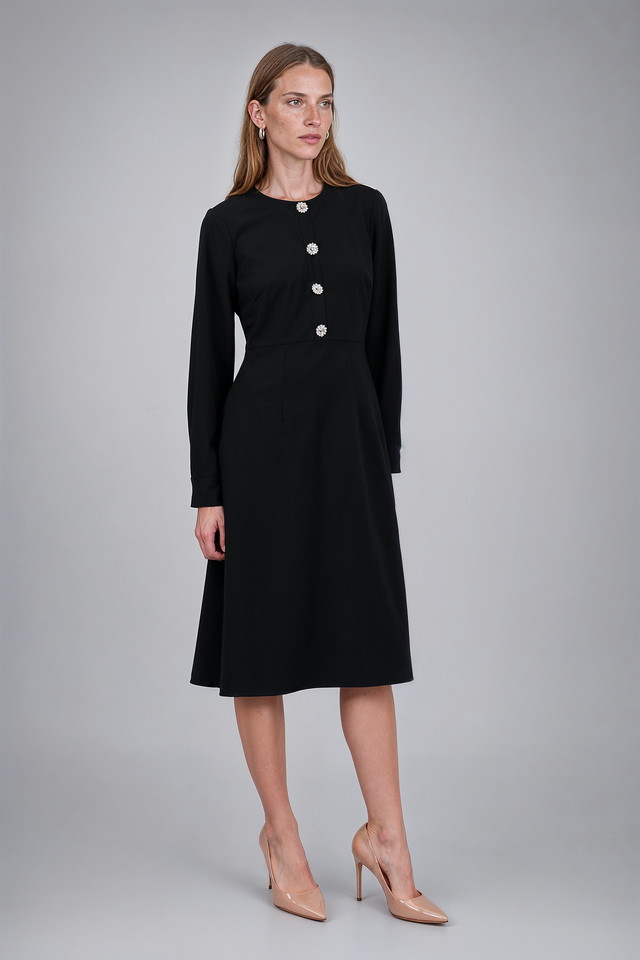 Mikael Aghal Black Crystal-Button Long-Sleeve Midi Dress