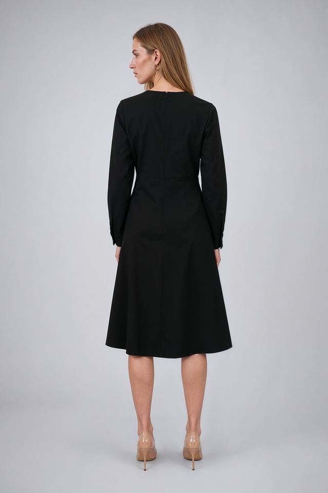 Mikael Aghal Black Crystal-Button Long-Sleeve Midi Dress