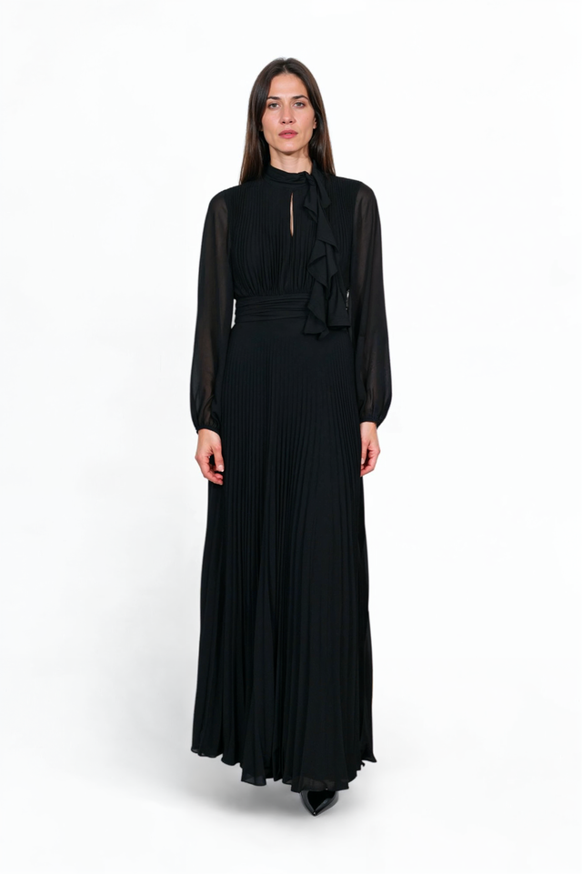 Mikael Aghal Black Pleated Chiffon Maxi Dress with Neck Tie