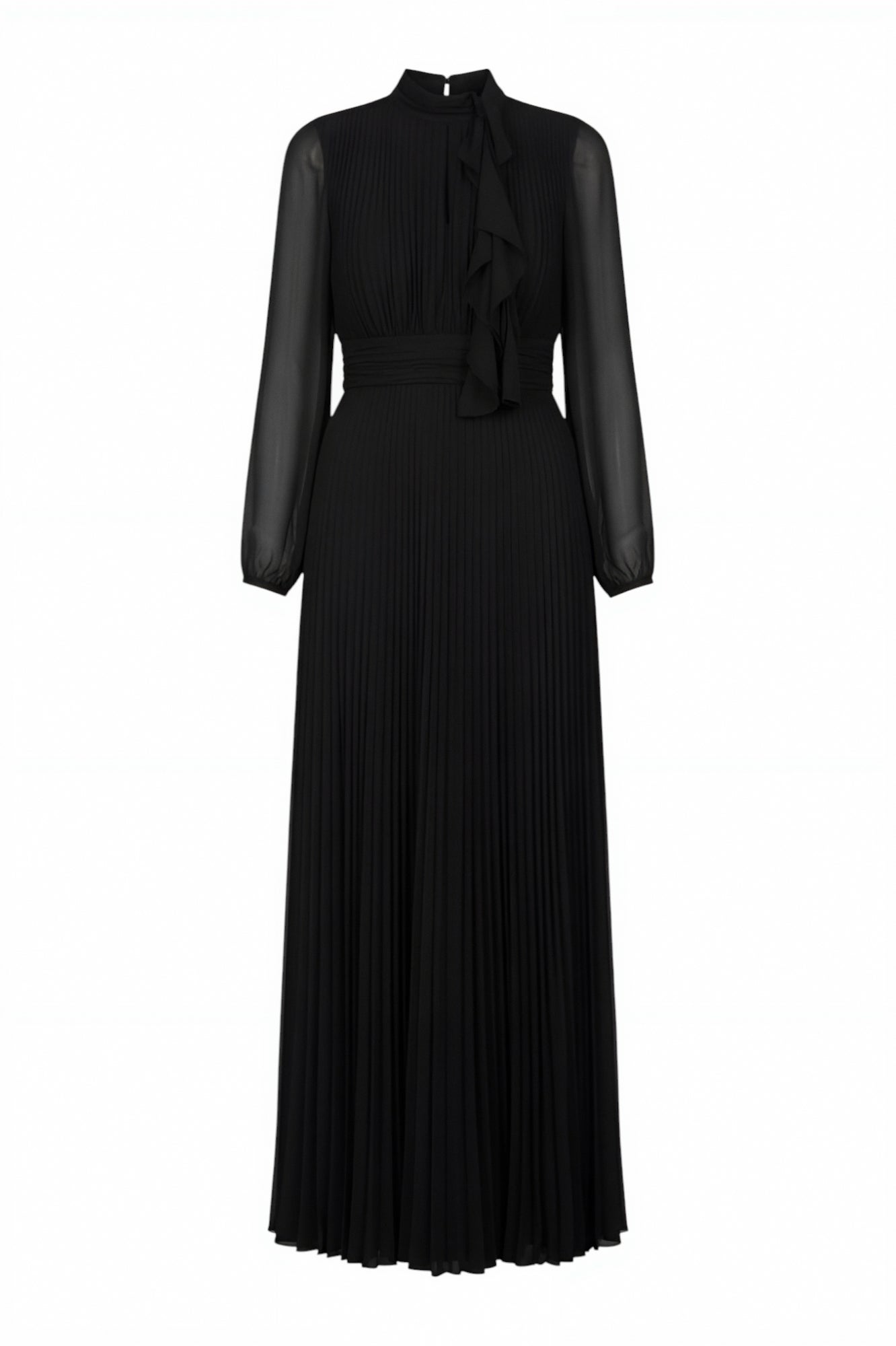 Mikael Aghal Black Pleated Chiffon Maxi Dress with Neck Tie 