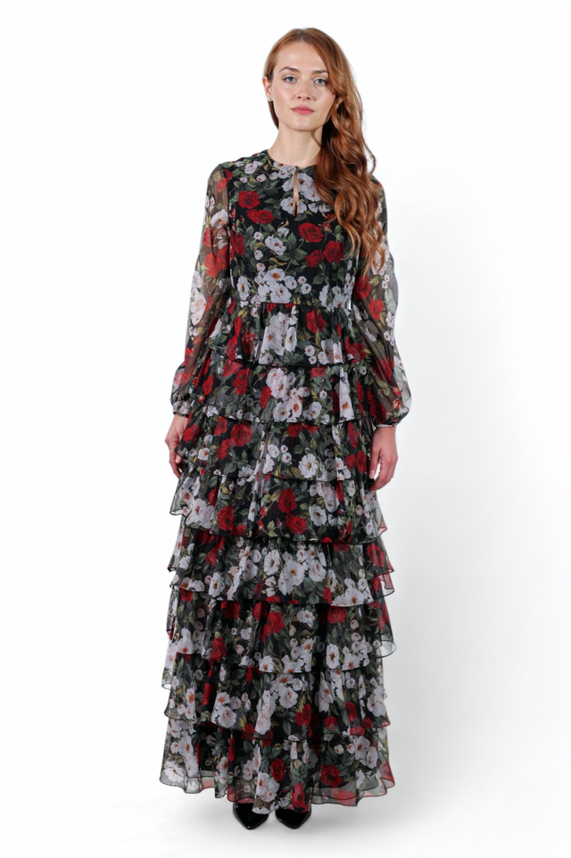 Mikael Aghal Black Floral Tiered Ruffle Gown – Long Sleeve Maxi
