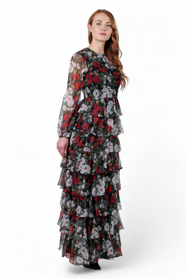 Mikael Aghal Black Floral Tiered Ruffle Gown – Long Sleeve Maxi