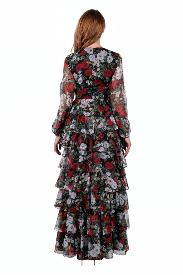 Mikael Aghal Black Floral Tiered Ruffle Gown – Long Sleeve Maxi