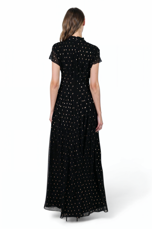 Mikael Aghal Black Metallic Dot Maxi Gown – Short Sleeve Tie Neck