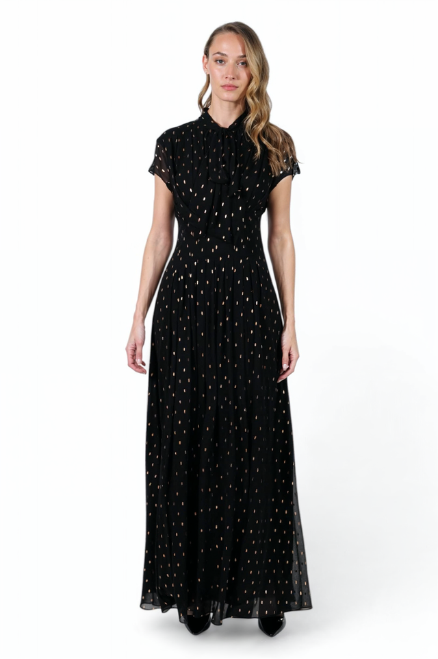 Mikael Aghal Black Metallic Dot Maxi Gown – Short Sleeve Tie Neck