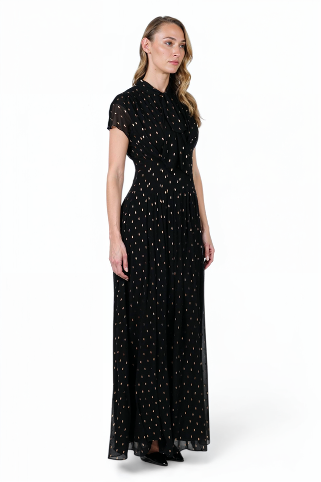 Mikael Aghal Black Metallic Dot Maxi Gown – Short Sleeve Tie Neck