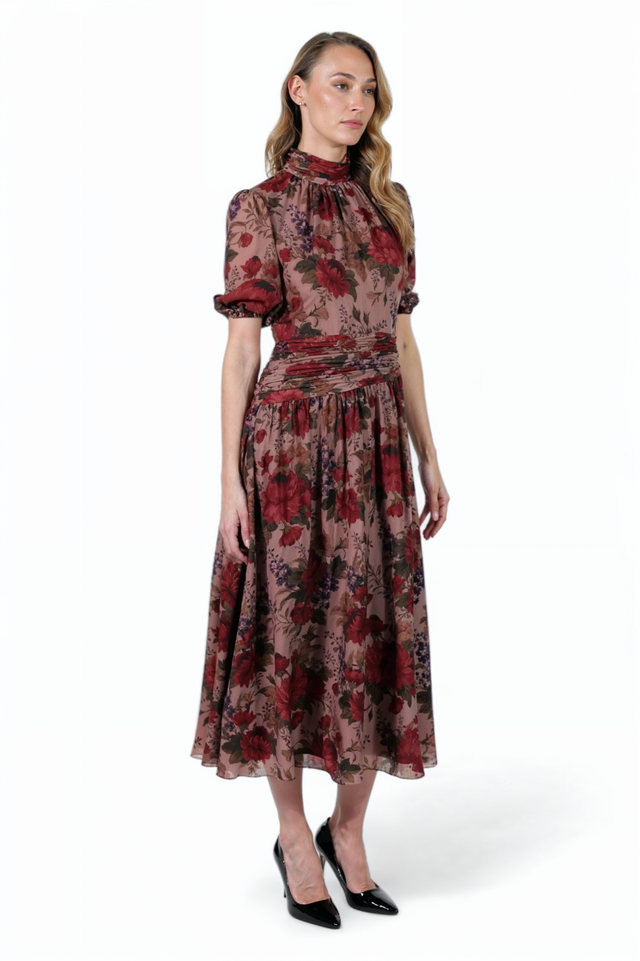 Mikael Aghal Mauve Floral Midi Dress – High Neck Puff Sleeve