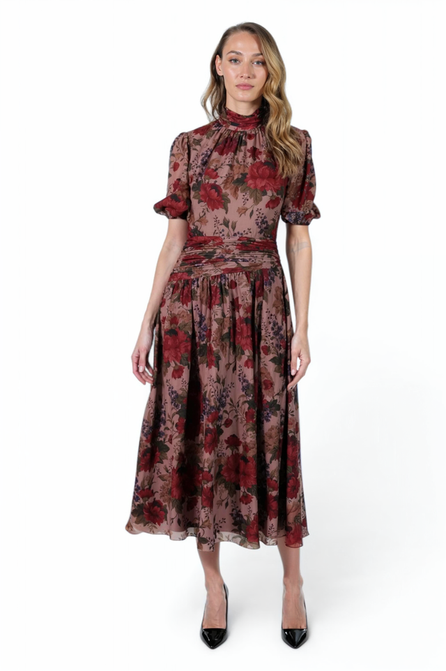 Mikael Aghal Mauve Floral Midi Dress – High Neck Puff Sleeve