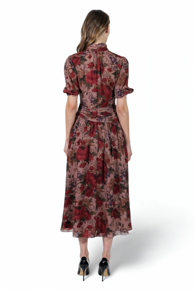 Mikael Aghal Mauve Floral Midi Dress – High Neck Puff Sleeve