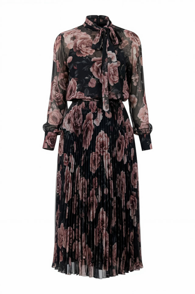 Mikael Aghal Floral Pleated Midi Dress – Sheer Long Sleeve with Tie Neck