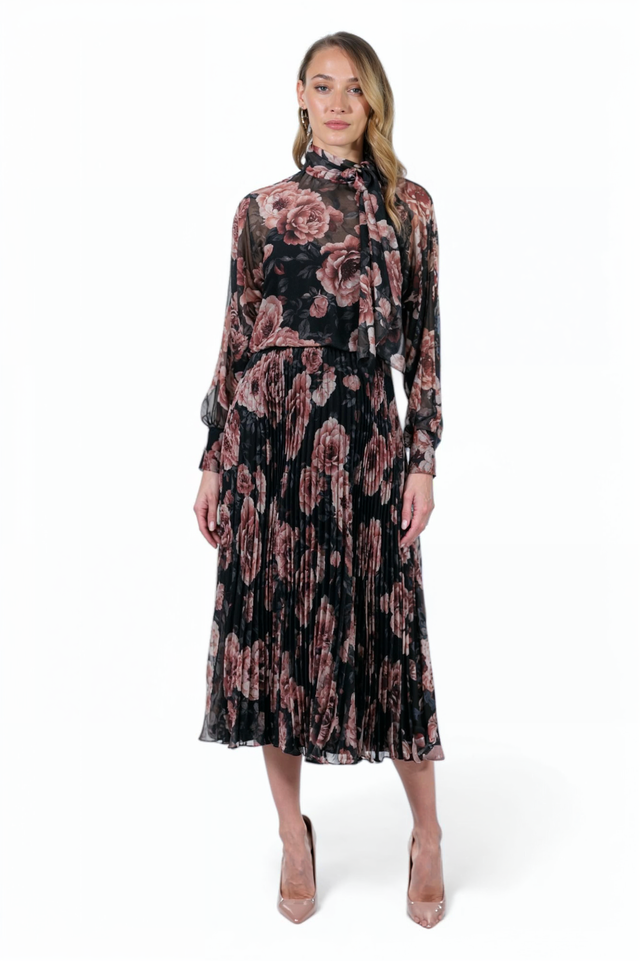 Mikael Aghal Floral Pleated Midi Dress – Sheer Long Sleeve with Tie Neck