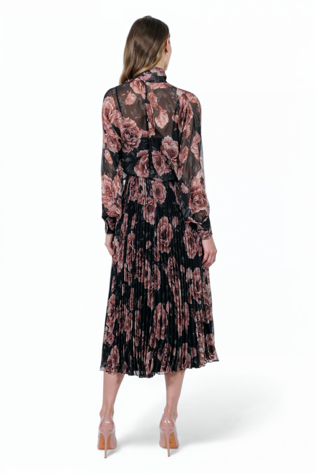 Mikael Aghal Floral Pleated Midi Dress – Sheer Long Sleeve with Tie Neck