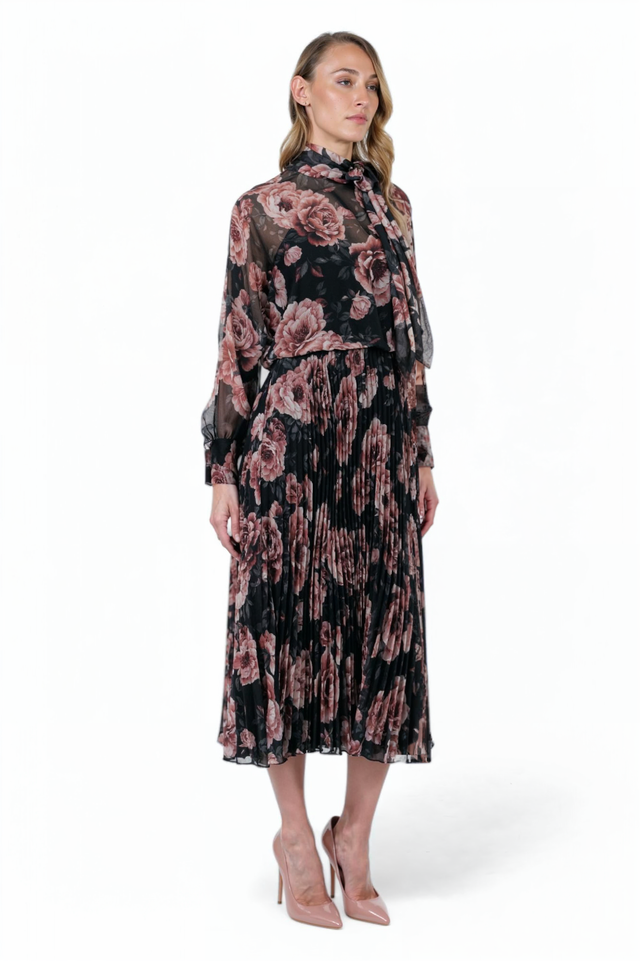 Mikael Aghal Floral Pleated Midi Dress – Sheer Long Sleeve with Tie Neck