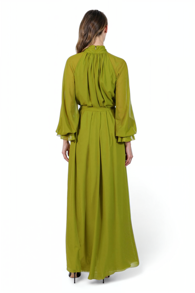 Mikael Aghal Green Long Sleeve Maxi Gown – High Neck with Waist Tie