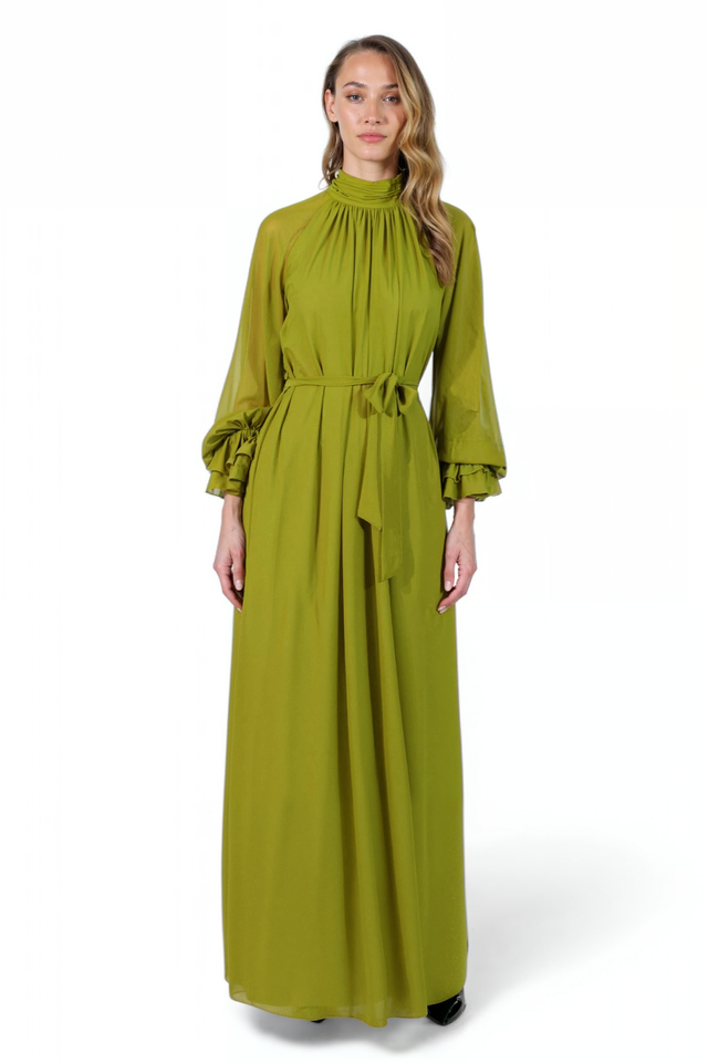 Mikael Aghal Green Long Sleeve Maxi Gown – High Neck with Waist Tie