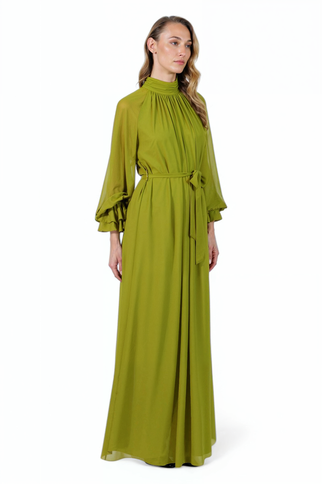 Mikael Aghal Green Long Sleeve Maxi Gown – High Neck with Waist Tie