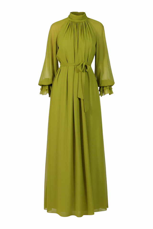 Mikael Aghal Green Long Sleeve Maxi Gown – High Neck with Waist Tie
