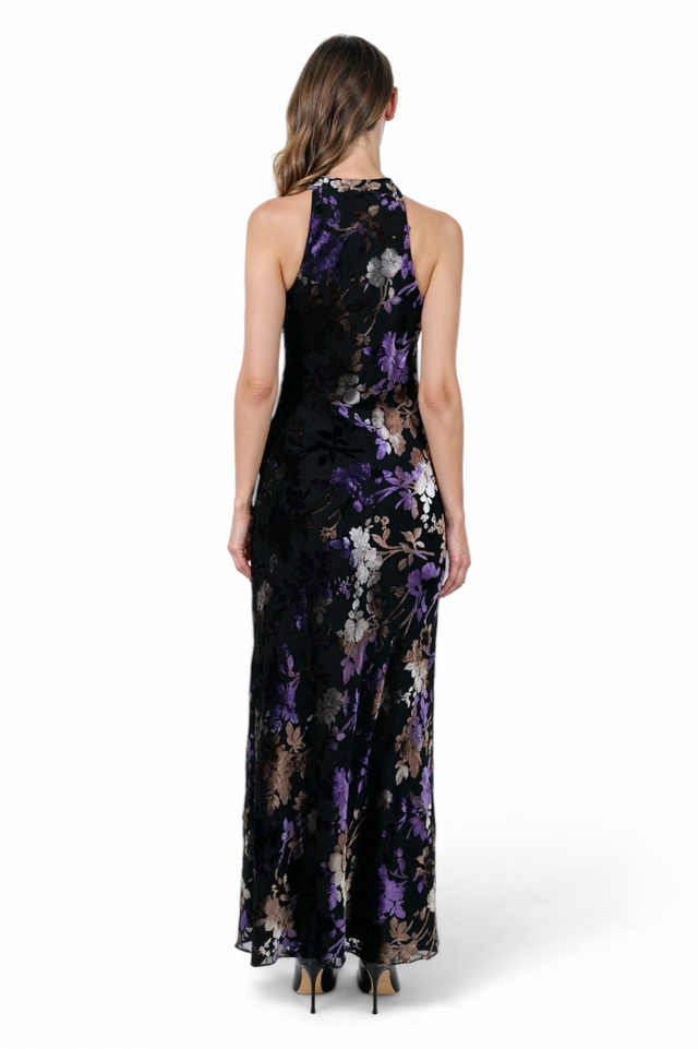 Mikael Aghal Black Floral Halter Gown – Sleeveless Maxi Evening Dress